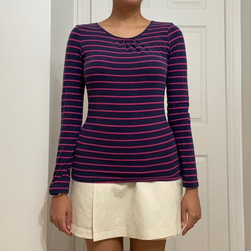 H&M Pink & Navy Blue Striped Cotton Long-Sleeve T-shirt